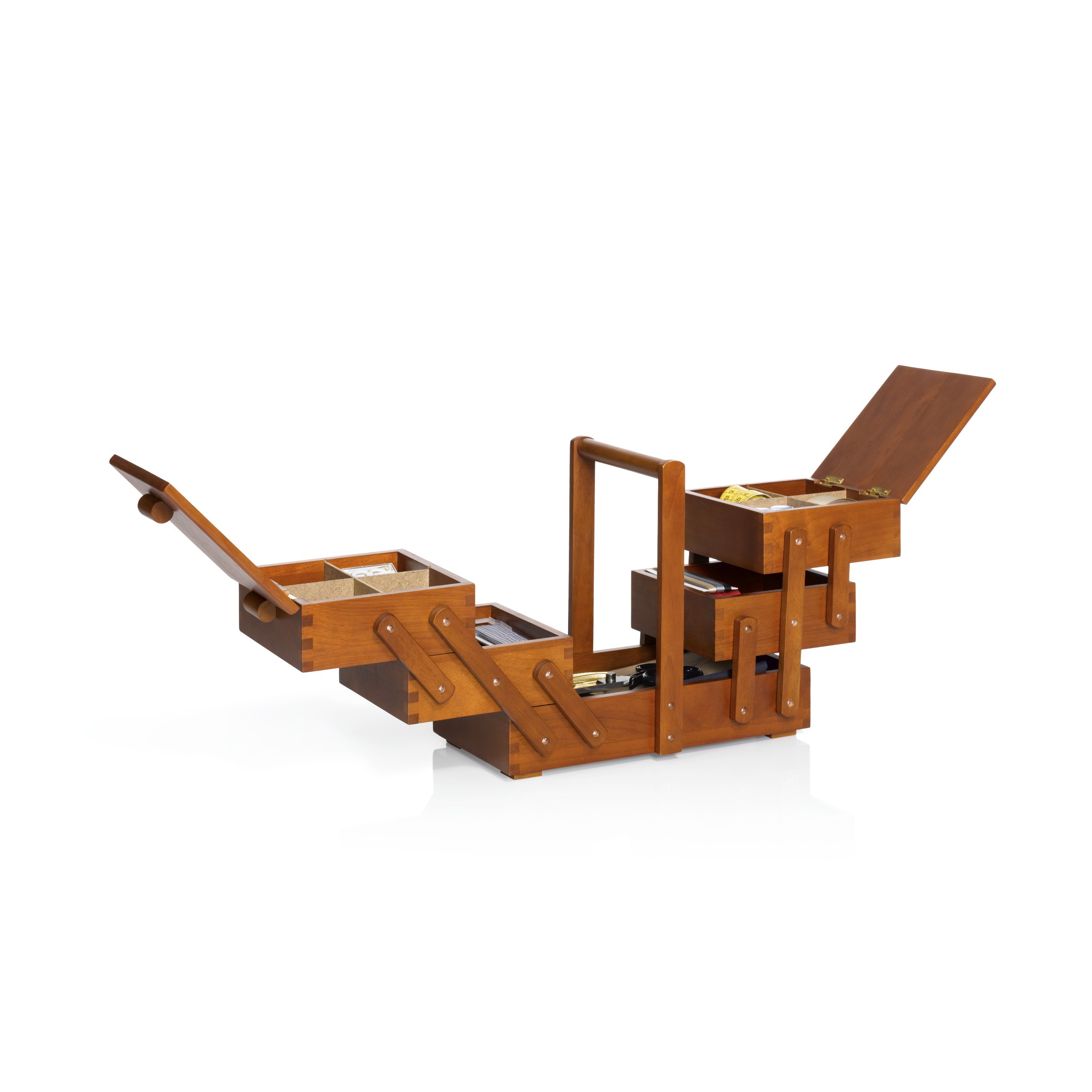 Nähkasten aus dunklem Holz, L offen