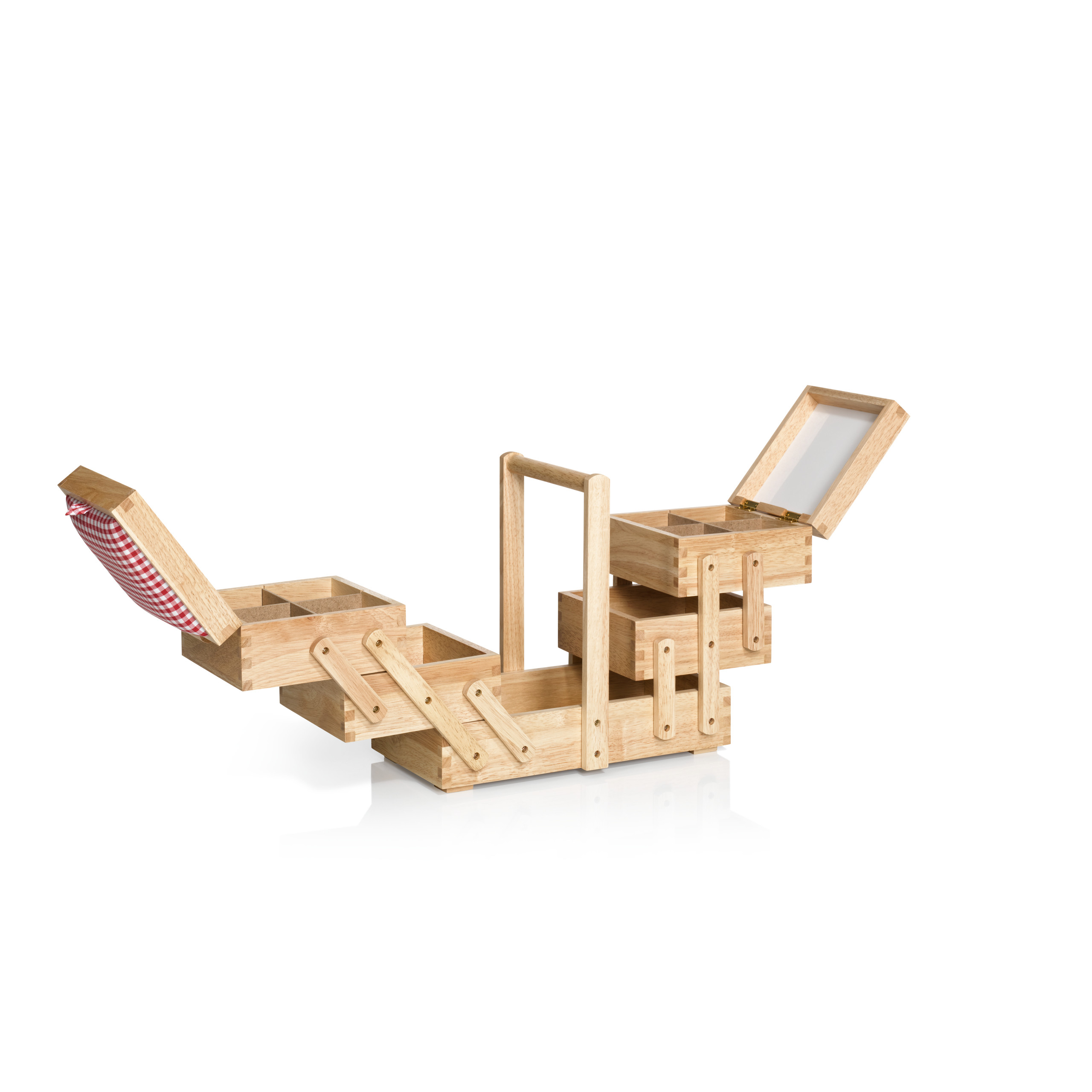 Nähkasten aus hellem Holz, mit Stoff offen